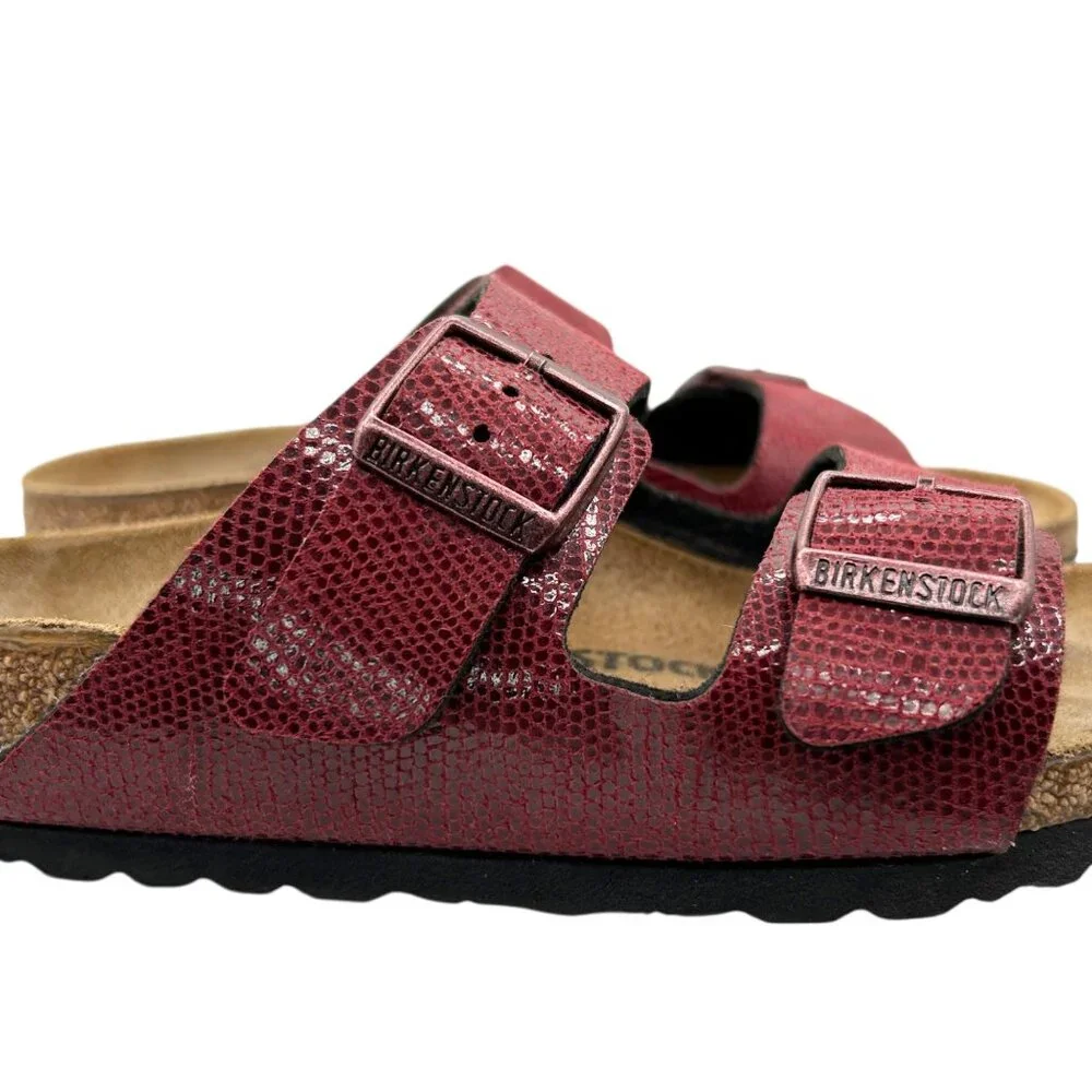 Birkenstock Arizona Birko-Flor Maroon Snake Pattern 2 Straps Slide Sandals 36